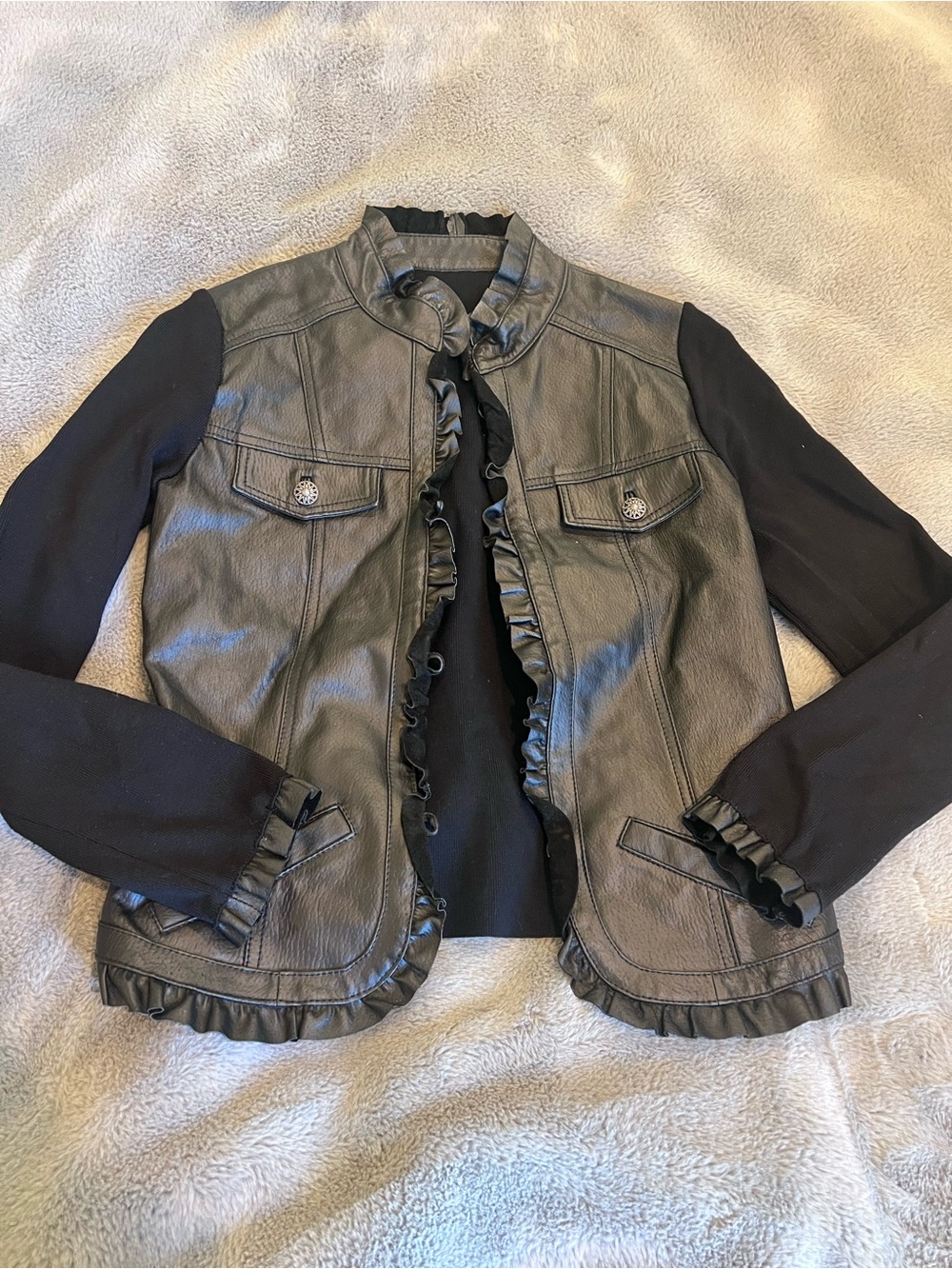 Women's Black Leather/Rayon Jacket Pockets Ruffle Accents Long Sleeve S
